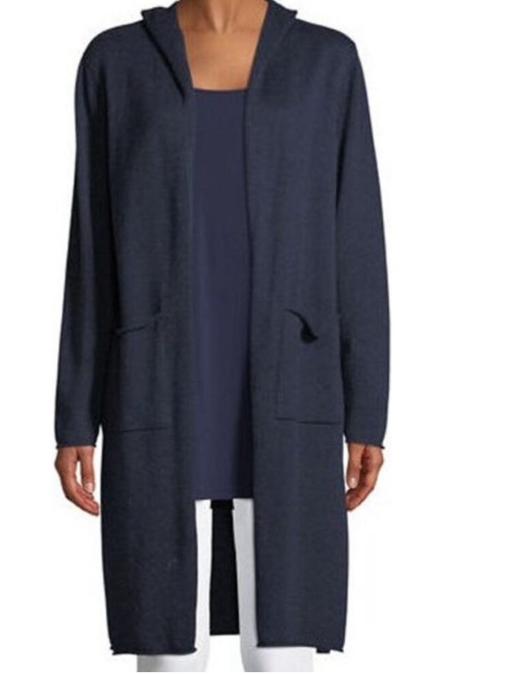 Eileen Fisher Navy Blue Organic Cotton Hooded Duster Cardigan L Peru